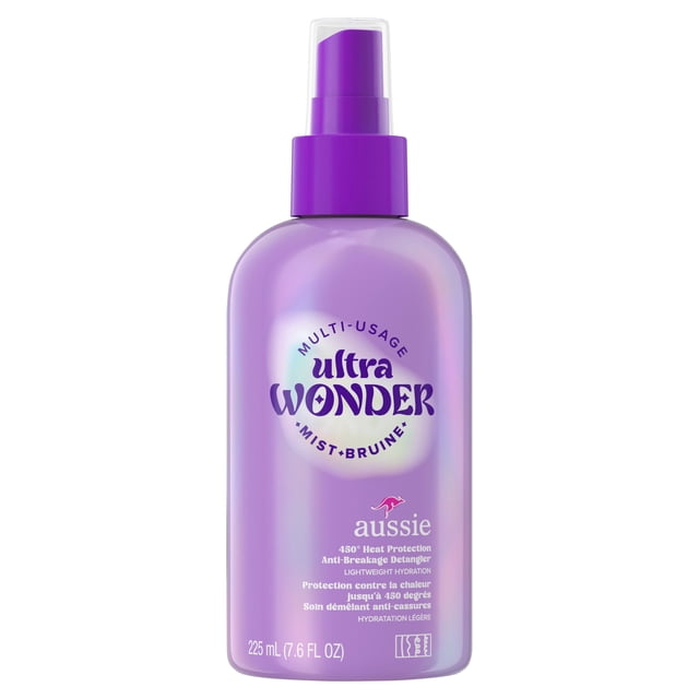Aussie Ultra Wonder Daily Mist lightweight multi-use detangler in a 225 mL (7.6 fl oz) purple spray bottle with clear cap, providing 450° heat protection, anti-breakage detangling, and lightweight hydration for all hair types and curls.