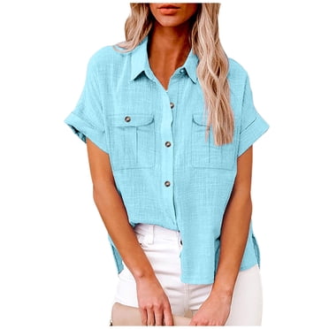 fheaev Button Up Shirts For Women Roll Up Short Sleeve Button Down Cotton Linen T-Shirts With Pocket V-Neck Work Tunics Blouse Collared Tops