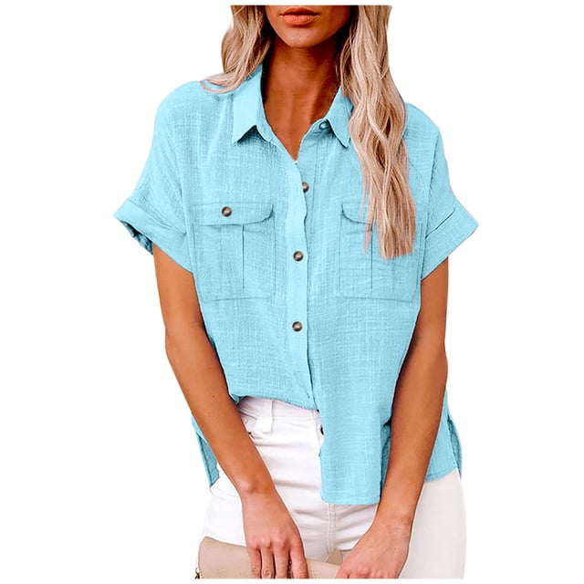 fheaev Button Up Shirts For Women Roll Up Short Sleeve Button Down Cotton Linen T-Shirts With Pocket V-Neck Work Tunics Blouse Collared Tops