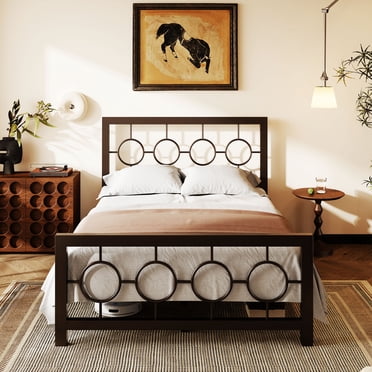 Amolife Brown Full Size Metal Platform Bed Frame with Circular Vintage Headboard & Footboard