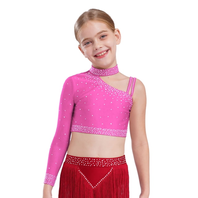 Manyakai Kids Girls Shiny Rhinestone Jazz Latin Modern Lyrical Dance Crop Tops Irregular Shoulder Hot Pink 8