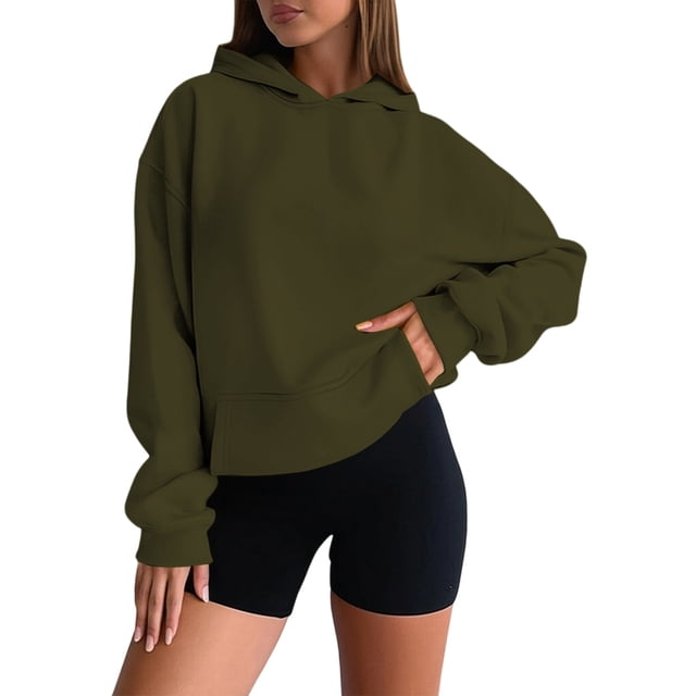 Sweats À Capuche Femme Fall Solid Oversize Hoodie Basic Pullover Sweatshirt Long Sleeve Drop Shoulder Design Chandail Femme Army Green XXXXL