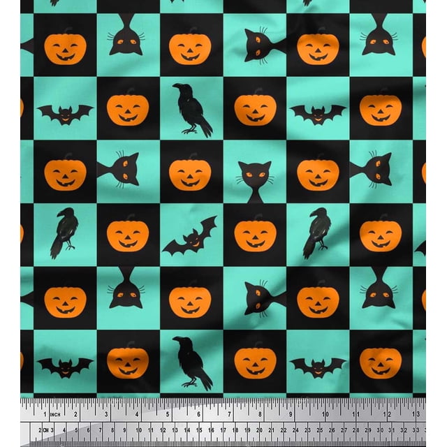 Soimoi Poly Georgette Fabric Pumpkin,Cat & Bat Halloween Print Fabric by Yard 42 Inch Wide