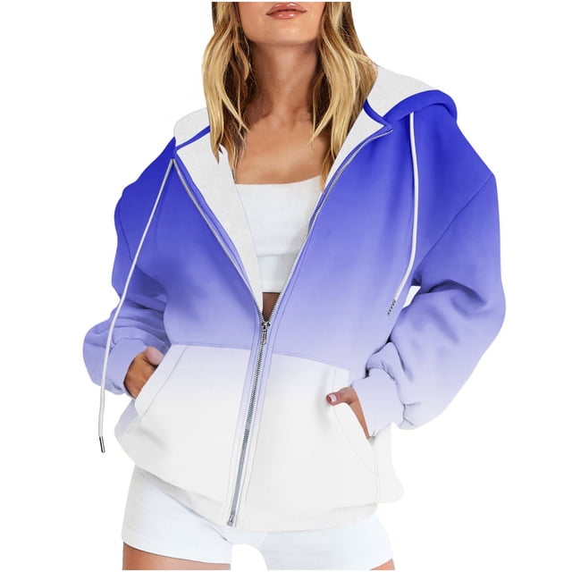 Timegard Cardigans for Women Zipper Hoodies Sweatshirts Top Gradient Color Casual Loose Pullover Pockets