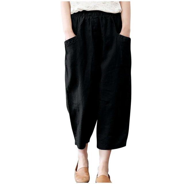 Mode Femmes Été Décontracté en Vrac Coton et Lin Poche Pantalon Solide Pantalons