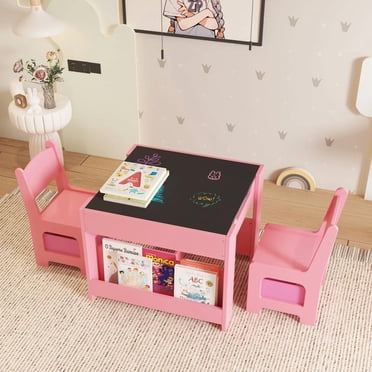 Ensemble Table et Chaises pour Enfants - Table d'Activités en Bois 4 en 1, 2 Chaises avec Tiroir de Rangement, Plateau Détachable pour Dessin, Lecture, Bricolages, Rose