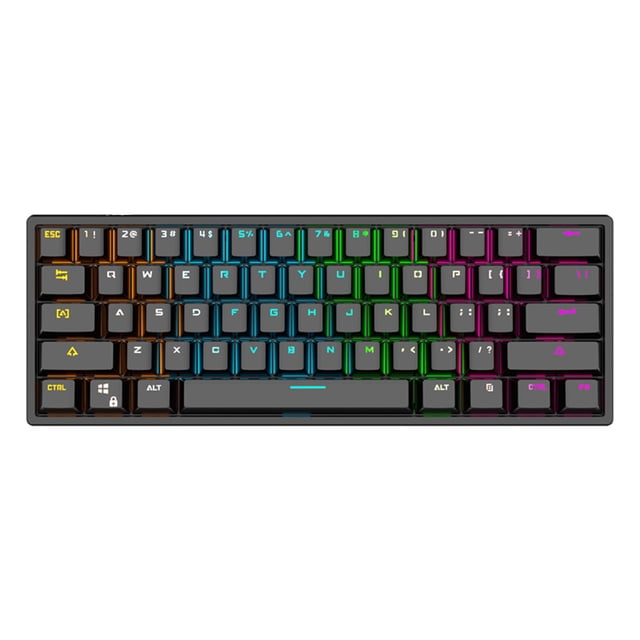 Gaming PC desktop wired illuminated keyboard with 61 keys, featuring a compact design and mechanical sense. Made of ABS material, it includes a type-C interface, 1.5-meter cable, and ergonomic wrist support. The keyboard has customizable RGB backlighting with 5 brightness levels, suitable for gaming or office use.