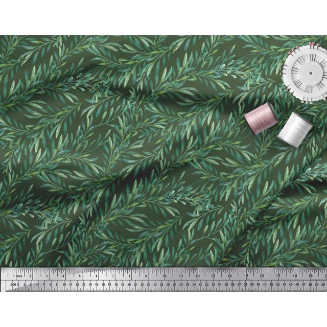 Soimoi Tissu Vert Poly Georgette Feuilles de Laurier Imprimé 1 Yard 42 Pouces de Large