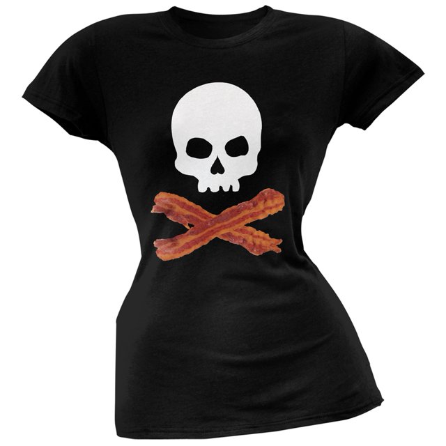 Bacon Skull And Crossbones Black Soft Juniors T-Shirt