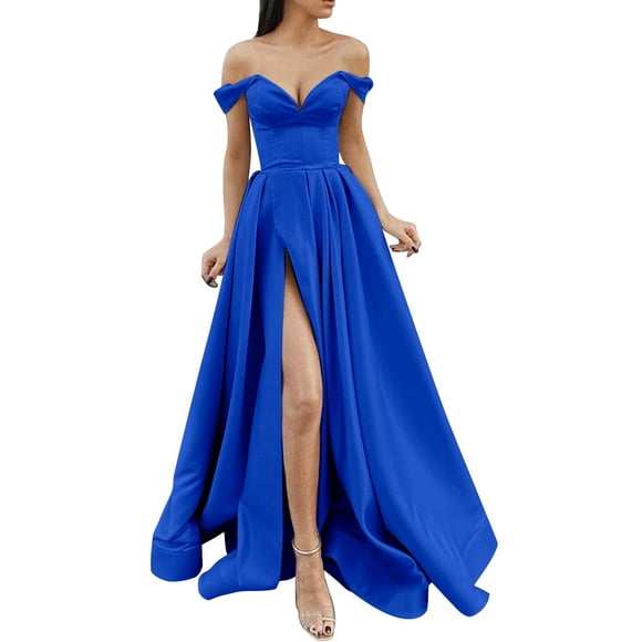 DondPO Wedding Guest Dresses for Women Plus Size Dresses Ladies Long Women Elegant Long Dresses Crisn Satin Spaghetti Party Prom Dress Wedding Evening Party Dress Maxi Dress Prom Dress Blue Dress S