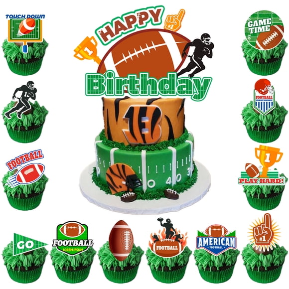 Figurines de Gâteau de Rugby, 12 Pcs Figurines de Cupcake de Rugby/décoration de Cupcake Balle de Rugby et 1 Pcs Figurine de Gâteau d'Anniversaire de Rugby/décorations de Gâteau de Rugby pour Décorations de Fête d'Anniversaire de Rugby
