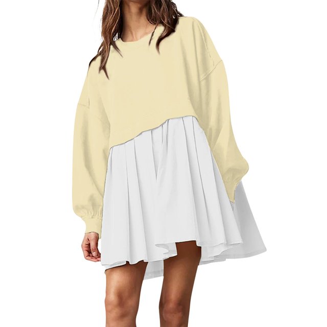 Robe Chandail Surdimensionnée pour Femmes Longue et Fluide à Empiècements, Chandail à Enfiler Mignon à Épaules Tombantes, Chandails d'Automne à Manches Longues, Mini-Robe, Adolescentes, Col Ras du Cou, Tunique Unie Plissée, Vêtements Amples Beig