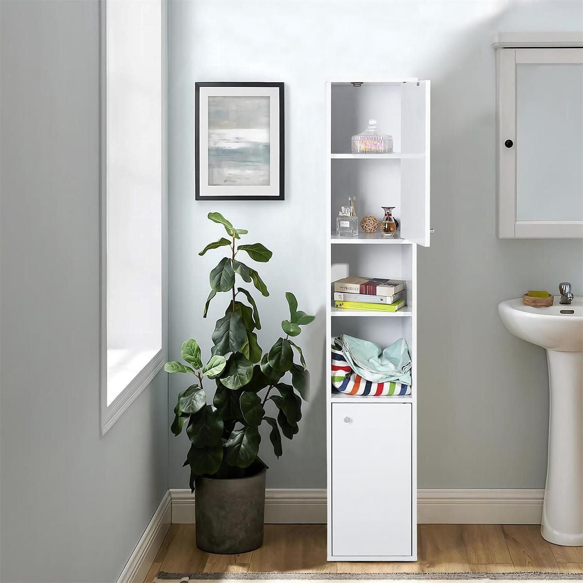 Homylin Armoire de rangement de salle de bain de 160 cm de haut avec 2 portes, armoire étroite et étroite avec 2 étagères ouvertes pour la maison, la cuisine, polyvalente, anti-basculement, blanc