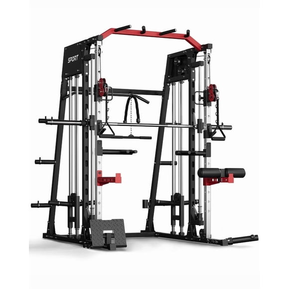 Smith Machines for Home Gym, Multi-Function Squat Rack with Dual LAT-Pull Down System & Cable Crossover Machine, Weight Bar, All in One Power Cage for Full Body Workouts