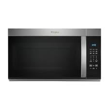 Whirlpool 30 in. W 1.7 Cu. Ft. Over-the-Range Microwave with 900-Watts Cooking Power in a stainless steel finish. Designed with express cooking buttons, preset options, Add 30 Seconds functionality, and a dishwasher-safe turntable plate. The dark interior minimizes visible splatters, while the 2-speed, 300 CFM motor provides effective ventilation.