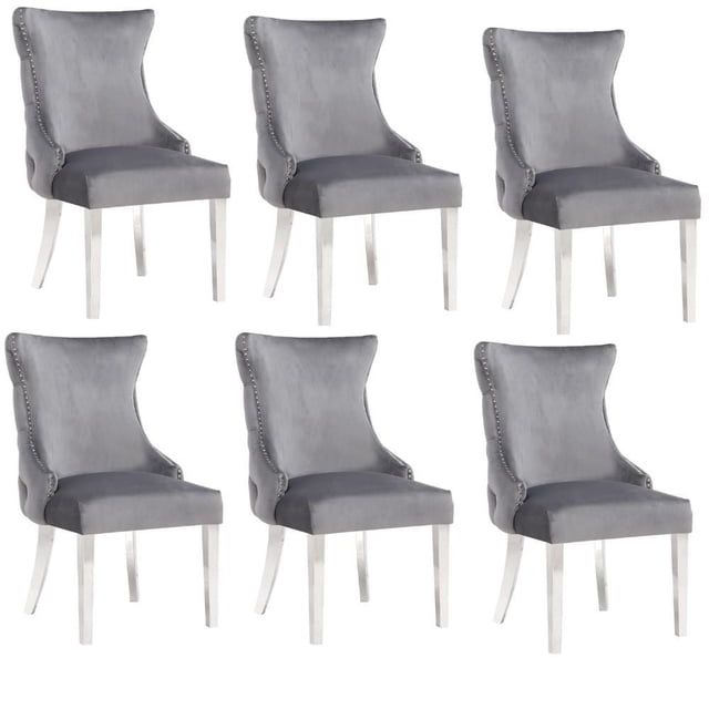 Plata Import Stonefort Chair in Grey Set of 6 for Dining Area, modern dining chairs with grey velvet upholstery, tufted backs, nailhead trim, wooden frames with high-density foam padding, and polished stainless-steel legs, arranged in two rows of three on a white background, suitable for kitchen and dining seating.