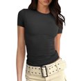thumbnail image 1 of Wangsaura Womens Crewneck Short Sleeve Ribbed T-Shirt Slim Fit Tops Solid Basic Tee, 1 of 7