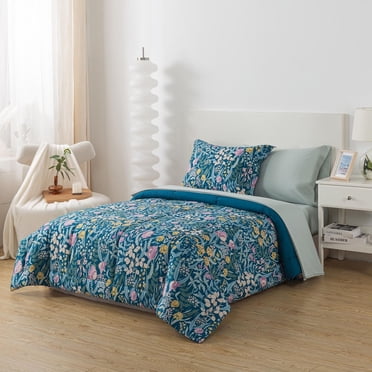 Mainstays all in one reversible comforter and sheet Set, 5-Piece, Twinxl, Blue Floral