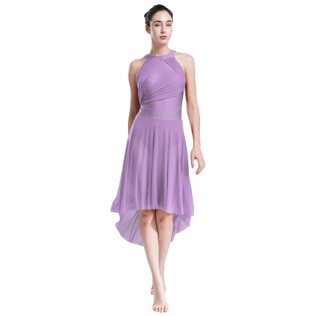 RUNQHUI Costume de Danse Lyrique pour Femme Robe Asymétrique Froncée avec Strass Justaucorps à Jupe de Danse Moderne Violet Pâle m