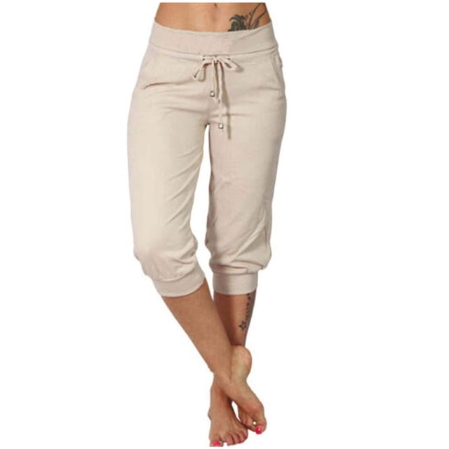 Wonens Capris Pantalon Jambe Droite Coupe Jambe Taille Régulière Polyester Lin Pantalon Court Pantalons Capris pour Femmes Style C-87 Beige TG