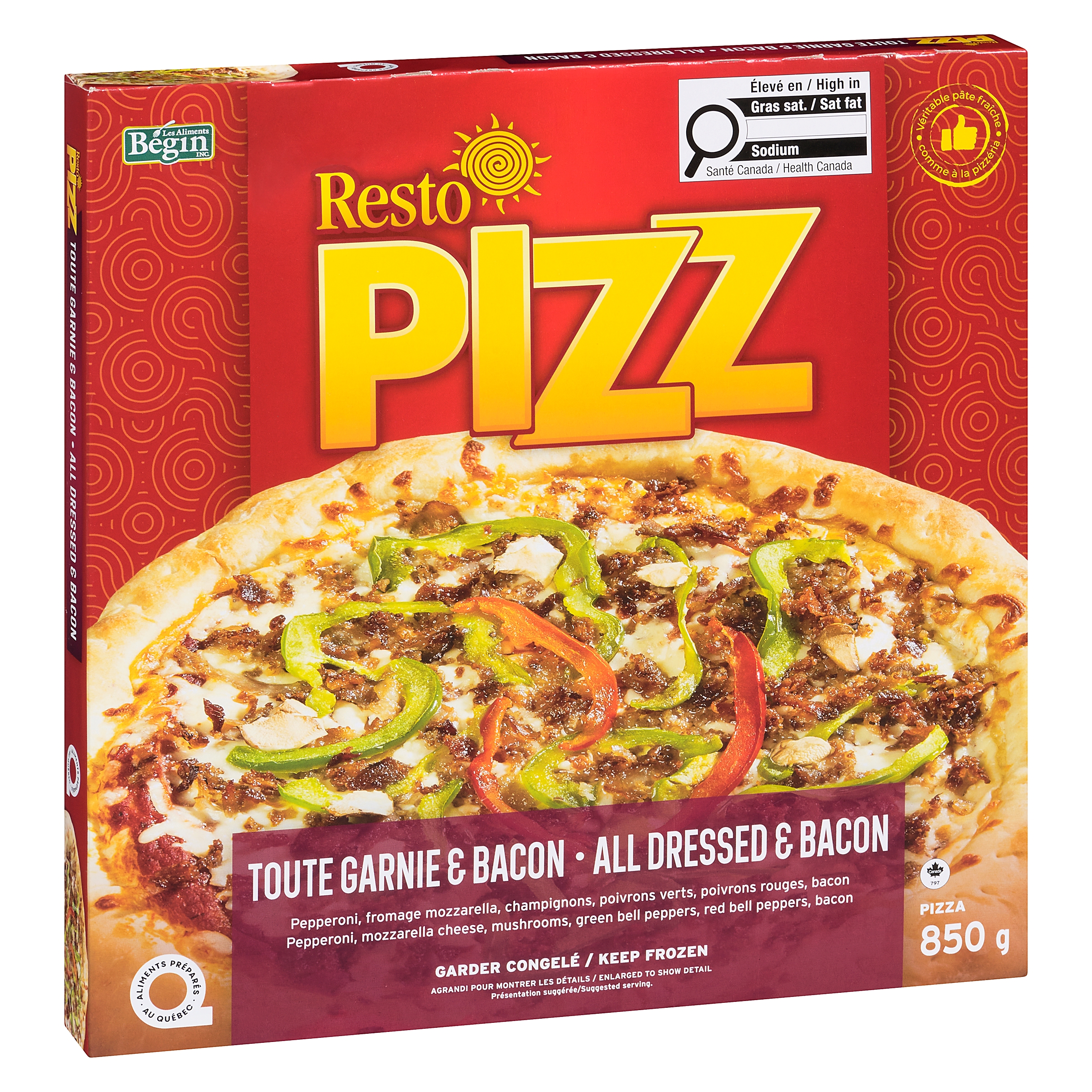 Pizza garnie bacon surgelée Resto PIZZ 850g (Contient : Soya, Blé, Lait) Toute Garnie & Bacon 850g