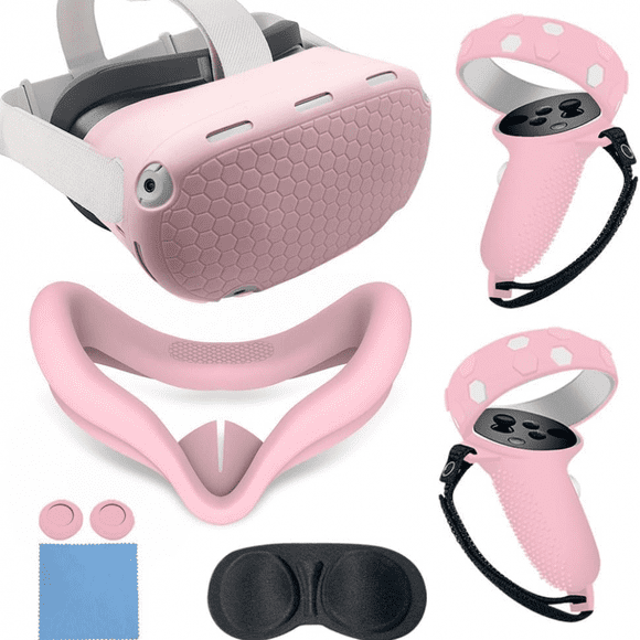 VR Cover Accessories Set For Quest 2 - Silicone Shell, Controller Grips, Face Cover, Button Caps, Lens Cover Glasses Cloth Set