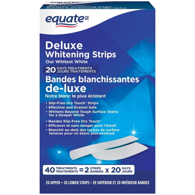 Equate Deluxe Whitening Strips 20 Days Treatments box in blue with white text, featuring slip-free dry touch strips for enamel-safe whitening beyond tough surface stains, includes 40 strips for upper and lower teeth use.