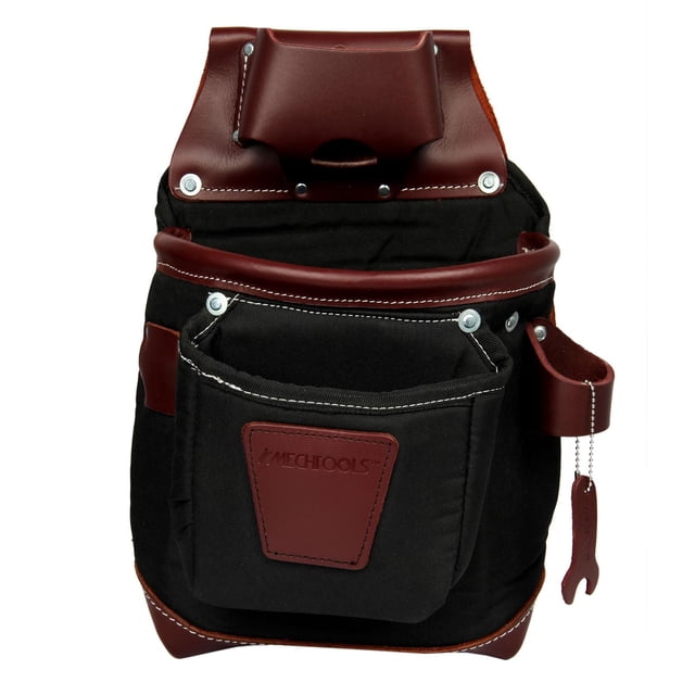 MECHTOOLS Étui à Outils pro en Cuir et polyester Noir avec Garniture en Cuir Selle Pleine Fleur Robuste, Doté de Deux Poches Principales Incluant un Compartiment Profond de 10 Pouces, une Boucle pour Marteau, un Porte-Ruban à Mesurer, et Renforcé avec rivets et Surpiqûres de Périmètre, Convient aux Électriciens et à l'Organisation des Outils.