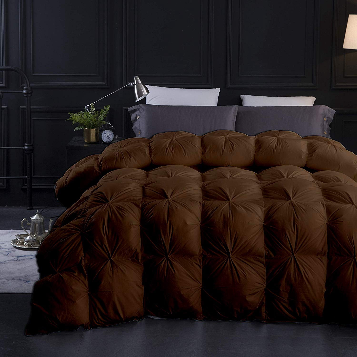 Brown All Season Down Pin-Tuck Comforter- Eastern King Size 118 x 110 Inches 1 pc Pinch Pleated Comforter 600 GSM & 4-Corner Tab's 100% Egyptian Cotton- Brown Solid