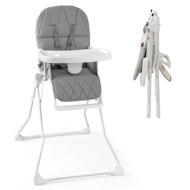 Gymax Chaise Haute Pliable Gris avec Plateau Amovible et Ajustable et Coussin en PU. Dotée d'Un Harnais de Sécurité à 5 Points, d'Un Pare-Chute et de Pieds Antidérapants pour une Sécurité Accrue. la Chaise Haute Est Pliable pour un Rangement compact et une Portabilité, avec des dimensions de 28,5 Pieds' x 23,5 Pieds' x 41 Pieds' Lorsqu'elle Est Ouverte et 23,5 Pieds' x 3 Pieds' x 28,5 Pieds' Lorsqu'elle Est Pliée. Comprend un Plateau Alimentaire Compatible Lave-Vaisselle avec un Porte-Gobelet Intégré et des positions Ajustables pour le Plateau et le Repose-Pieds