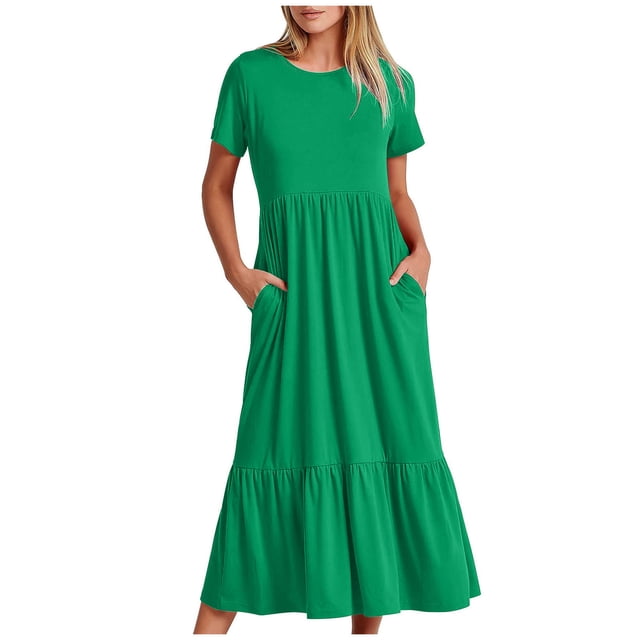Weiqiqre Robes de Travail pour Femmes, Robe d'Été Décontractée à Manches Courtes et Col Ras du Cou pour Femmes, Robe Longue Fluide à Étages pour la Plage avec Poches