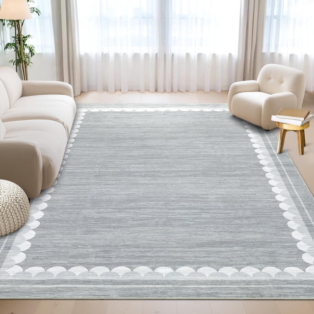 Washable Area Rug 9x12ft – Soft Non-Slip Low Pile Carpet with Modern Border Design, Neutral Grey – Large Rug for Living Room, Bedroom and Dining Room