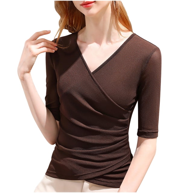 Wrap Tops for Women Ruched V Neck Slim Fitted Half Sleeve Business Casual Work T Shirts Blouse