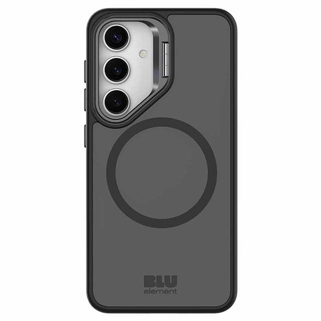 Blu Element Chromatic Kick Compatible w/Magnets Case Black for Samsung Galaxy S25/Galaxy S24 shown from the back with a slim, semi-transparent black acrylic back featuring a circular MagSafe-compatible magnet ring, reinforced shock-absorbing edges, extra camera protection around the triple-lens camera cutout, and a built-in kickstand for hands-free viewing and impact resistance.