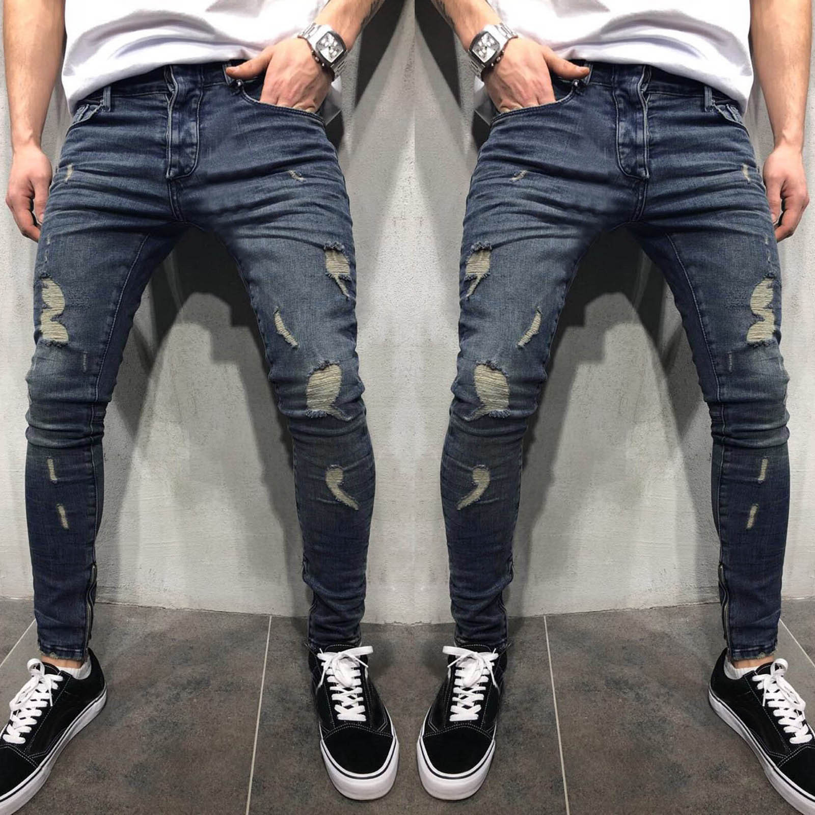 EGNMCR Jeans for Men, Men's Elastic Waist Loose Fit Denim Pants, Mens Pull On Jeans Mens Casual Fitness Bodybuilding Pocket Full Length Sports Pants Men Pants