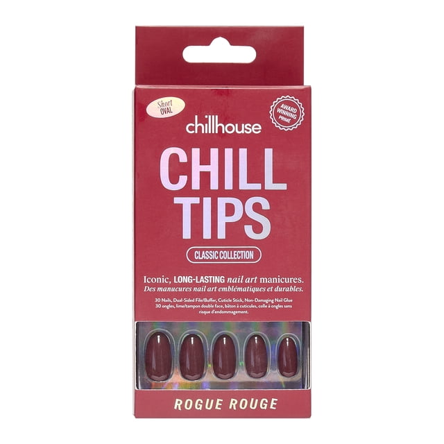 Chillhouse - Press Ons Tips Nails - Oval - Rogue Rouge - 30 Tips in a red box with a clear window showing five short oval deep red false nails, including dual-sided file, cuticle stick, and gentle glue for easy, long-lasting nail art manicures ideal for at-home or on-the-go use.