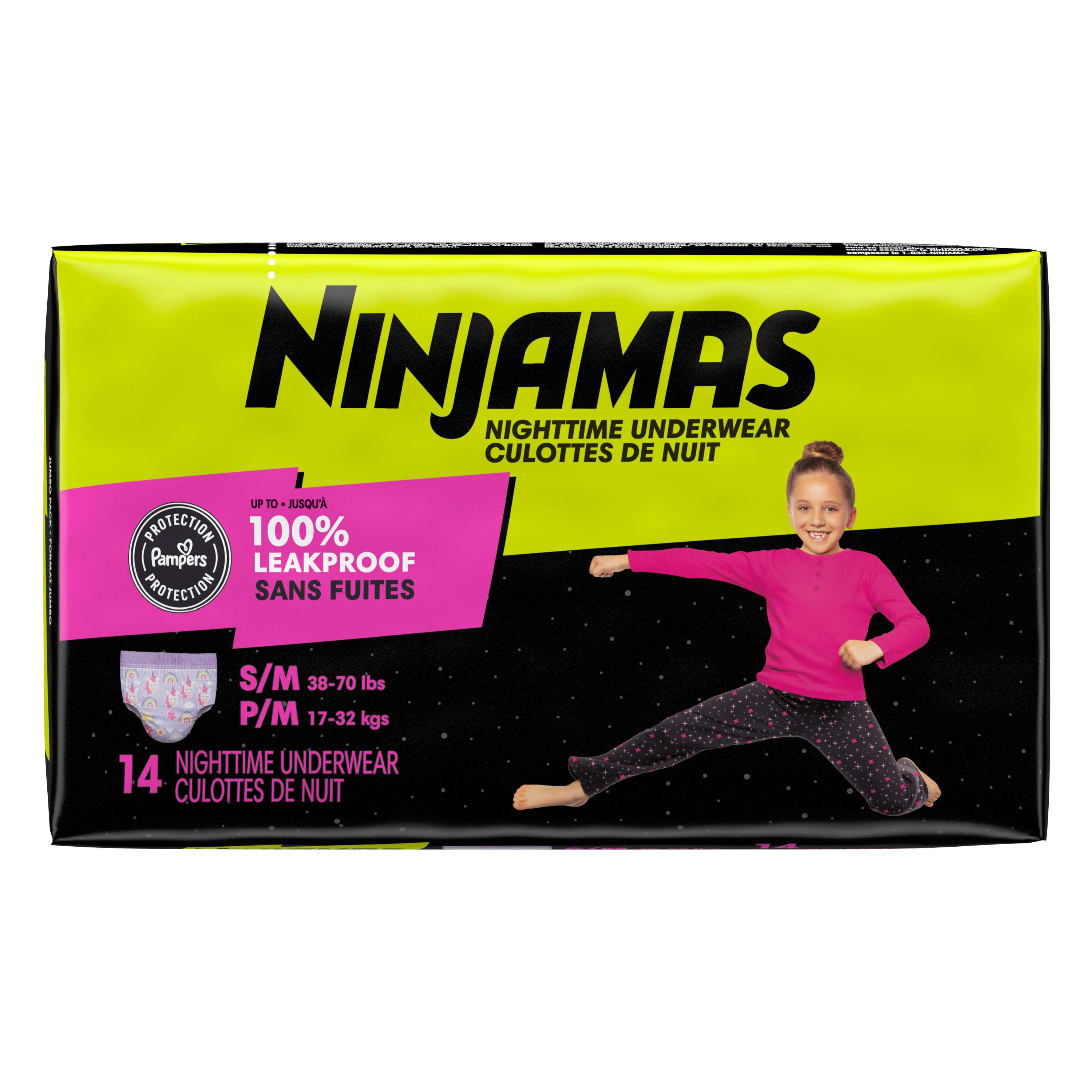 Sous-vêtements de nuit pour l’énurésie Ninjamas pour filles, taille P/M (17 à [38 à 70 lb])