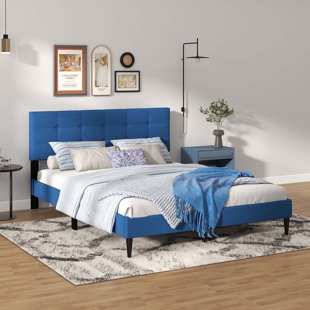 Costway Lit Plateforme Grand Rembourré Base de Matelas Tête de Lit Capitonnée Bleu