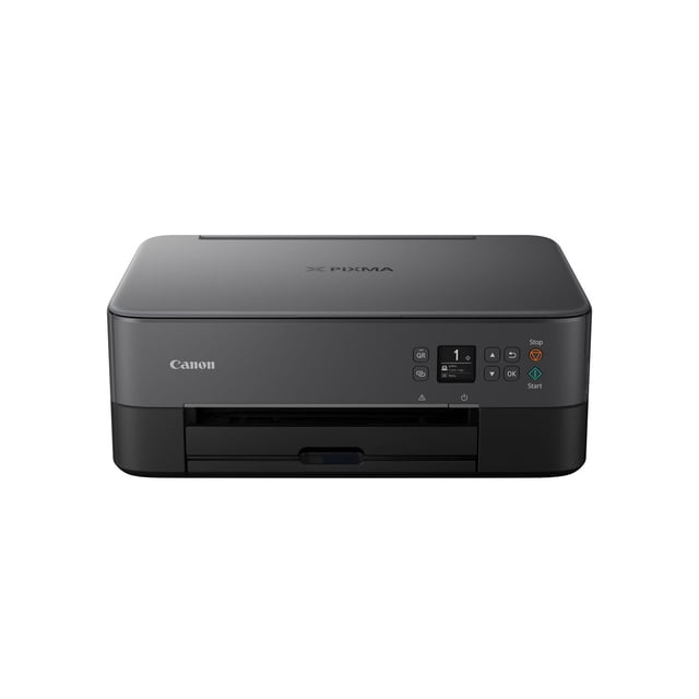 Canon PIXMA TS5320a Wireless Inkjet All-in-One Printer in matte black with a compact rectangular design, featuring a 1.44-inch OLED display, LED status bar, start and stop buttons, and front paper output tray, designed for wireless and smartphone photo printing, also suitable for printing square photos.