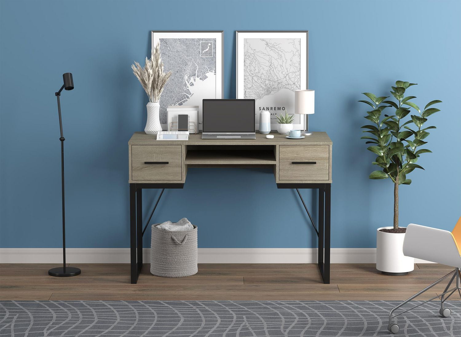 Safdie & Co. Computer Writing Desk 42.5in Long Dark Taupe with 2 Drawers 1 Shelf and Black Metal for Home Office and Small Spaces. Ideal for writing, gaming, study, work from home.