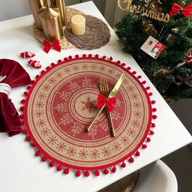 Aodebiao Festive Round Woven Placemat Holiday Table Mat Heat-Resistant Easy Clean Reusable Christmas Dinner Party Decor Kitchen Dining Protection
