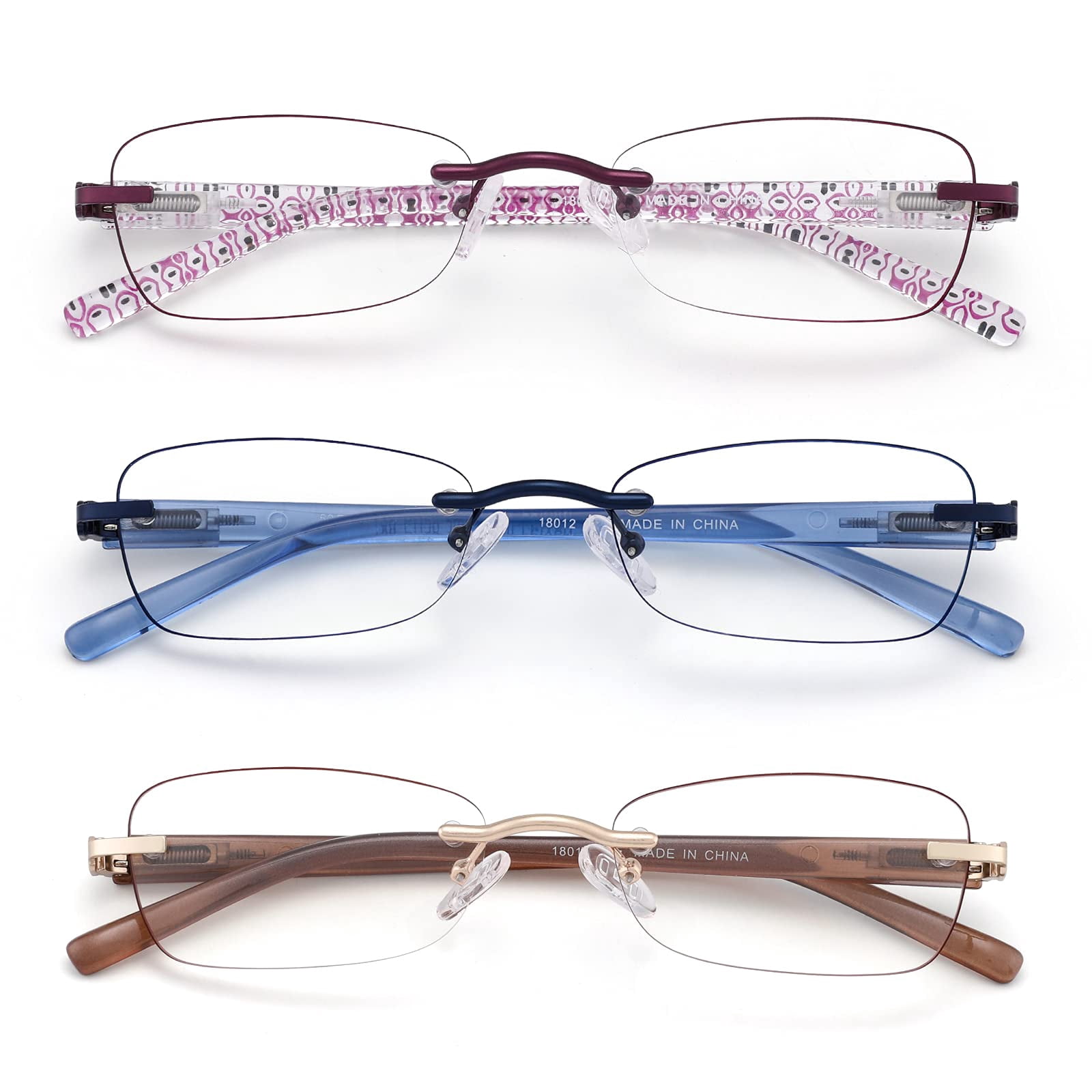 LOVIVY 3 Pack Rimless Reading Glasses for Women Blue Light Blocking Readers Tinted Edge Spring Hinge Pattern Print Arm Eyeglasses Mix 1.75