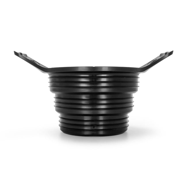 Camco 39317 RV Sewer Hose Flexible Adapter shown from a centered front angle, featuring a black flexible ribbed plastic body with extended wings for easy removal, compatible with 3-inch to 4-inch RV sewer inlets to simplify and secure dump station connections.