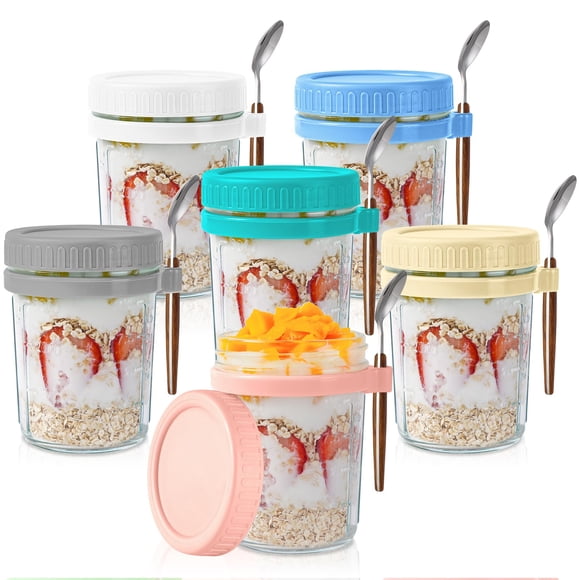 16oz Overnight Oats Jar,6 pack Glass Jars with Airtight Lids,Reusable Wide Mouth Mason Jars,Glass Food Storage Containers for Meal Prep, Snacks & Yogurt