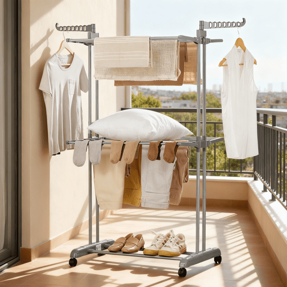 LEDREM Séchoir à Vêtements Pliable à 3 Niveaux, Étendoir à Linge en Acier Inoxydable de 58,3 Pouces avec Roues pour Usage Intérieur Extérieur, Gris Dove