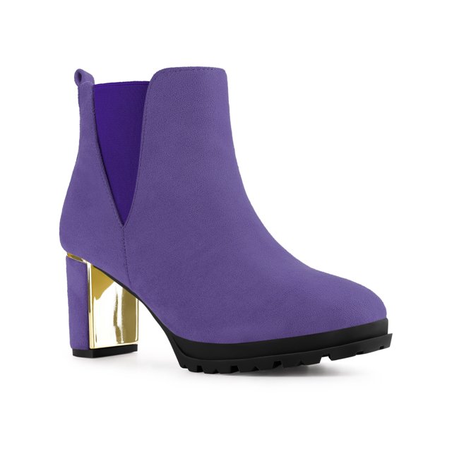 Unique Bargains Bottes à Talons Épais à Plateforme à Bout Rond Effet Miroir pour Femmes Violet (Taille 9,5)