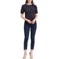 thumbnail image 2 of INSPIRE CHIC Hauts Froncés pour Femmes Col Ras du Cou Manches Courtes Dos Goutte d'Eau Blouse Florale S Bleu Marine, 2 of 7