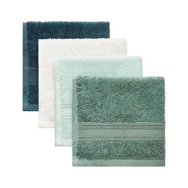 Mainstays Ensemble de Quatre Débarbouillettes 12 Po x 12 Po 100 % Coton en Couleurs Assorties Incluant Sarcelle Foncé, Blanc, Menthe Pâle et Vert Sauge, avec Bande Texturée, Douces et Absorbantes pour la Salle de Bain, la Cuisine et la Chambre de Bébé, Convenant Aussi aux Tâches de Nettoyage Délicates.