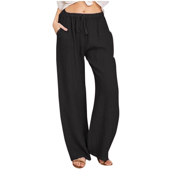Fgnfyis Women's Pants Linen Summer Wide Leg Casual Loose Drawstring High Waist Solid Color Palazzo Trousers with Pockets for Women Black XXL