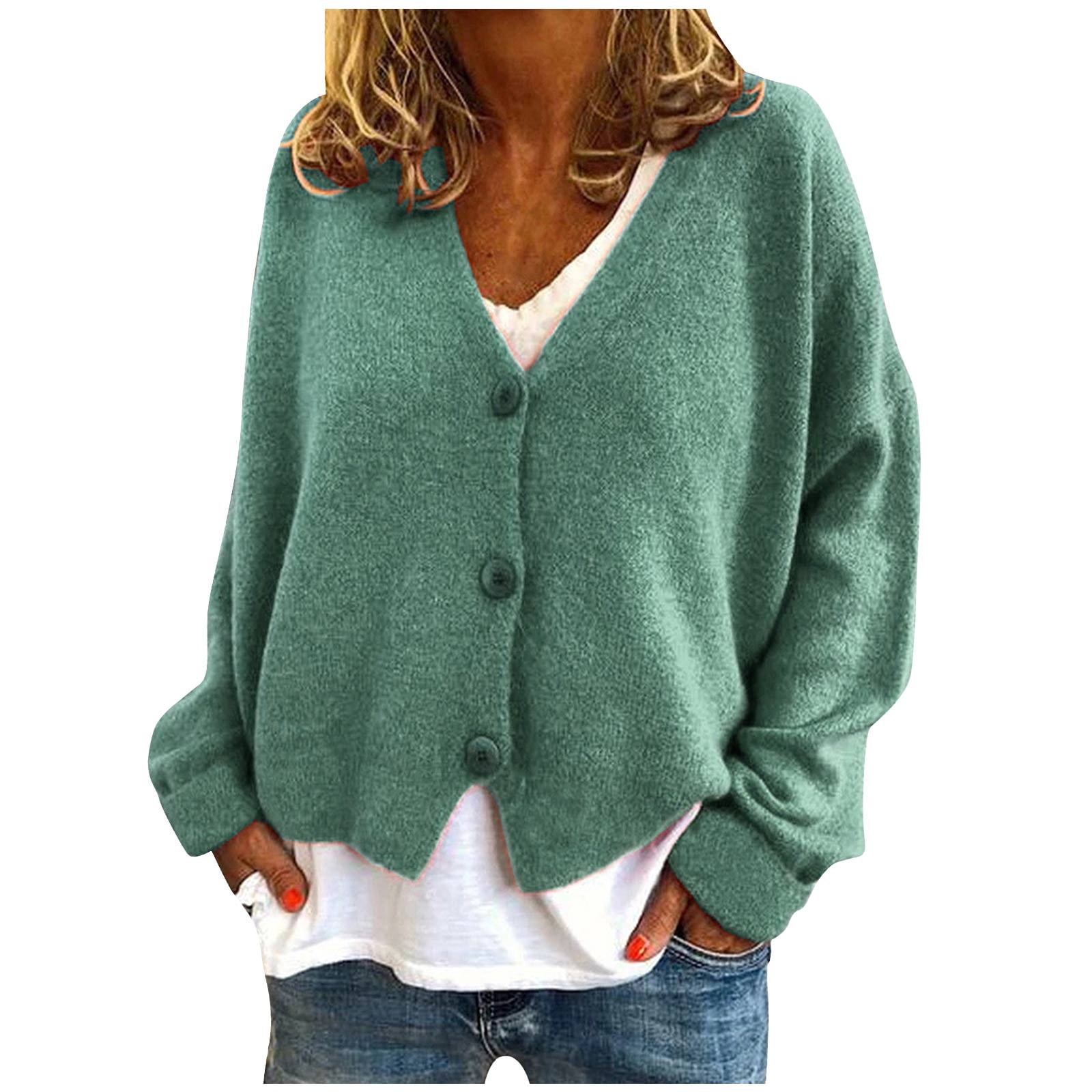 Cardigan en Tricot Uni à Boutons pour Femme, Veste à Manches Longues
